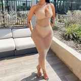 Hollow Out 3 Piece Set Mesh Dress 2022 Summer Women's Diagonal Collar One Shoulder Backless Bodycon Long Beach
