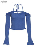 Fashion Elegant Women T-Shirts Solid Knit Slim Stretch Halter Flare Sleeve Two Piece Top Female Streetwear Sweet