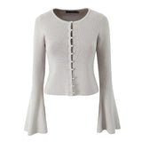Beige Knit Pearl Buttons Knitted Cardigan Crop Top And Mini Skirt Set- Outfit