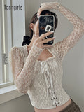 Vintage T-shirt Women Skinny Black Lace Tshirts Lace Up Crop Tops Square Collar Gothic Clothes Sexy Woman Tops
