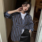 Spring 2022 Green Striped Oversized Shirt For Women Fashion Long Sleeve Top Button Up Cotton Grey Shirt Korean