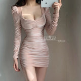 2021 Sweet Lady Temperament Spring Low Square Collar Fold Pencil Buttock Sexy Long Sleeve Women Party Dress Pink