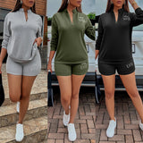 Autumn / Winter New Women's Casual Solid Color Zipper Standing Collar Print Hoodie Set