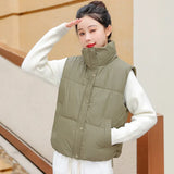 Korean Version Of Foreign Gas Standing Collar Down Cotton Jacket Vest Female Autumn Winter New Loose And Versatile Sleeveless Short Horse Clip Coat-Outfit