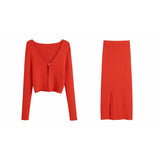 Fashion Red Knitted Cardigan Cropped Top Midi Skirt 3 Pieces Optional High Waist Elegant Set Summer Bodycon