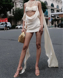 White Satin Cut Out Bralette Draped Mini Dress-Outfit