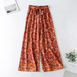 Queens Women Floral Print Wide Leg Bohemian Pant Ladies Sashes Loose Rayon Cotton Boho Long Pants