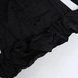Black Velvet Long Sleeve Puff Trim Bodycon Mini Dress- Outfit