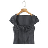 Striped Square Neck Short Sleeve Double Zipper Top-Outfit