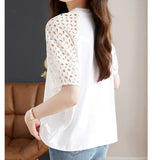 Hollow Short Sleeve White Blouse O Neck Women Simple T-shirt Elegant 2023 Tops New Casual Loose Ladies Shirt Blusas