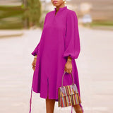 Office Lantern Sleeve Long Dress Chic Lady Stand Collar Print Party Dress Fashion Drawstring Button Loose A-Line