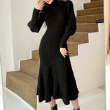 Korea Knitted Dress Women Autumn Winter New Fashion Vintage Turtleneck Lantern Sleeve Sweater Dresses Mermaid