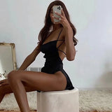 Sexy Satin Suspender Dresses For Women Elegant Sleeveless Backless Party Club clothes Mini Slit Dress Y2k
