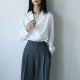 Autumn Fashion White Satin Shirts Women V Neck Elegant Blouse Office Ladies Long Sleeve Korean Chiffon Chic Top