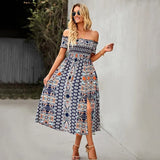 Elegant Floral Print Hem Split Dresses Women Summer Dress 2022 New Boho Holiday Slash Neck Short Sleeve Swing Midi