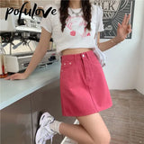 Skirts Women Y2k Gothic Jean Skirt Punk Sexy Kawaii Pencil A-line Pink Solid Color Mini Punk Short Skirt with Big