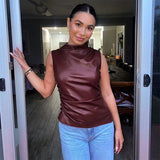 Zingj Women's 2024 New Leather Pile Collar Personality Closed Waist Oblique Hem Sleeveless Jacket Women's