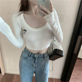 Sweaters Women's Long Sleeve Short White Color Inner Wear Slim Round Neck Tight Black Sexy Navel Early Spring