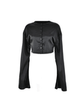 Satin Long Sleeve Buttoned Crop Blouse- Outfit