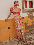 Women Elegant Vintage Floral Print Split Long Dress Sexy Backless V Neck Flying Sleeves Slim Robe 2024 Chic Lady Street