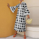 Pattern Print Women Summer Vacation Off Shoulder Dress Sexy Loose Hem Maxi Dress Retro Boho Ruffle Sleeve Long A-Line