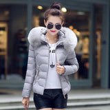 New Winter Dress Big Wool Collar Cotton-Padded Jacket Female Short Style Hooded Down Cotton-Padded Jacket Coat Fashion Slim Warm Cotton-Padded Jacket-Outfit