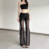 2025 Summer New Women's Sexy Hottie Lotus Side Design Folding Mesh Splicing Perspective Leisure