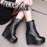 Head 12Cm High Slope And Waterproof Table Mid-Sleevel Boots With Side Zipper Women's Boots Pine Cake Plus Velvet Winter Warm Leather