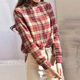 Autumn Agaric Edge Stand Collar Vintage Classic Plaid Sanding Single Breasted Blouse Femme Long Sleeve Simple Shirt