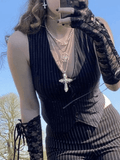 V Neck Pinstriped Button Corset Top- Outfit