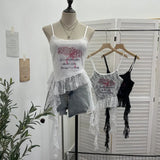Real Shooting 2025 Summer New Women's Fashionable Lace Letter Print Sling Vest Ribbon Ribbon Ribbon Sleeveless Top