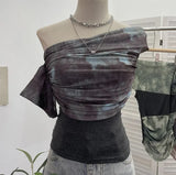Real Shooting Can Wear Two-Wear Art Dizzy Net Yarn Spliced A Word Shoulder T-Shirt To Repair The Chest Short Babes Top