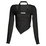 Vintage T Shirt Long Sleeve Skinny Fake Two Piece Tops Y2k Crop Tops Korean Clothes Streetwear Tee Shirt Femme