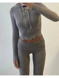 Knit Zipper Hodded Top And Pants Set-Outfit