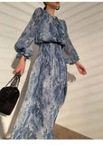 Style Elegant Print Dress for Women 2023 Summer Fashion Chic Long Sleeve Lace-up Female Dress Temperament Midi