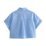 Black Crop Top Women Short Sleeve Cropped Shirt Woman Fashion Loose Summer Blouses For Women 2023 Collared Button Up