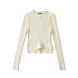 Fashion Women's Knitted Pullover Round Neck Slim Solid Color Hem Gross Cut Out Long Sleeve Sweater Autumn 2023 New
