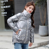 2020 Autumn Women's Winter Coats Fashion Silver Stand Collar Parkas Winter Jacket Women Pockets Padded Cotton