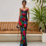 Sexy Boho Printed Slip Dress Women Summer Clothes Elegant Spaghetti Straped Side Split Open Back Maxi Dress Sundress