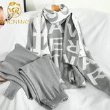 Women Knited Letter Sweater + Pants + Cape Long Scarf 3PCS Suits Knit Pullovers Cappa Wraps Wide Leg Trousers