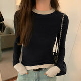 Collision Design Two Long-Sleeved T-Shirts Women's Autumn And Winter New Slim Cashmere Warm Bottomed