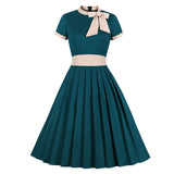 Turquoise Pleated Party Midi Dress 50s Women Cotton Vintage High Waist Pocket Swing Dresses Bow Tie Neck Robe