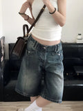 Zingj Vibe Retro Wash Do Old Denim Shorts Female High Street Popular Logo Design Sense Loose Straight Five Cent Medium