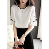 Folded Spliced Bow Round Collar Shirt Women's New Summer Yang Ramming Edge Professional Tops