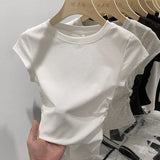 Black Round-Collar Short-Sleeved T-Shirt With A Black Round Neck Designed By European Designers Is A New Tight-Fitting, Skinny, Short-Style Blouse For Women In Spring And