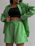 Loungewear Matching Set 2022 Summer Cotton Women Tracksuit Long Sleeve Oversized Shirt Tops And Mini Shorts Two Piece