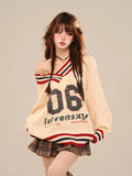Brown V-neck Letter Print Oversize Sweater- Outfit