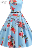 Print Vintage Dress Women Summer Pin Up Retro 50s Rockabilly Sleeveless A-Line Midi Party Dresses