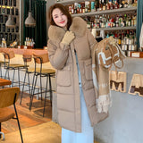 2025 Winter New Down Cotton Clothes Women Long Over The Knee Big Hair Collar Draw Rope To Collect Waist Hot Style Cotton Coat Tide-Outfit
