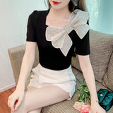 Shot Summer New Square Collar Short Sleeve Bow Bubble Sleeve Design Sense Joker Head Shirt